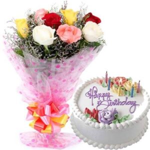 Mixed Rose Bouquet With Vanilla Cake