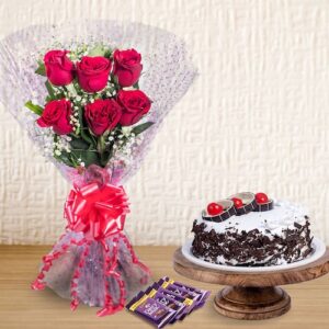 Red Roses Bouquet With Chocolate Cake